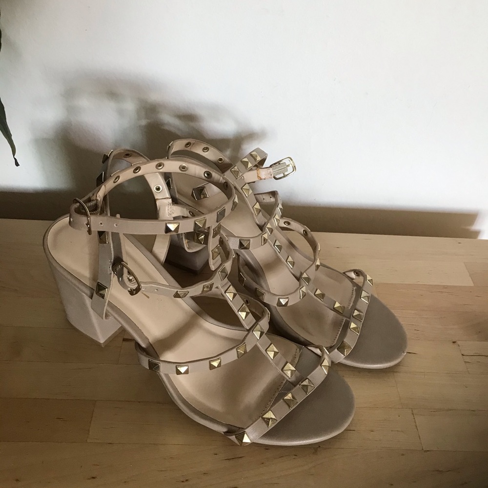 Tan Strappy Heels with Gold Studs